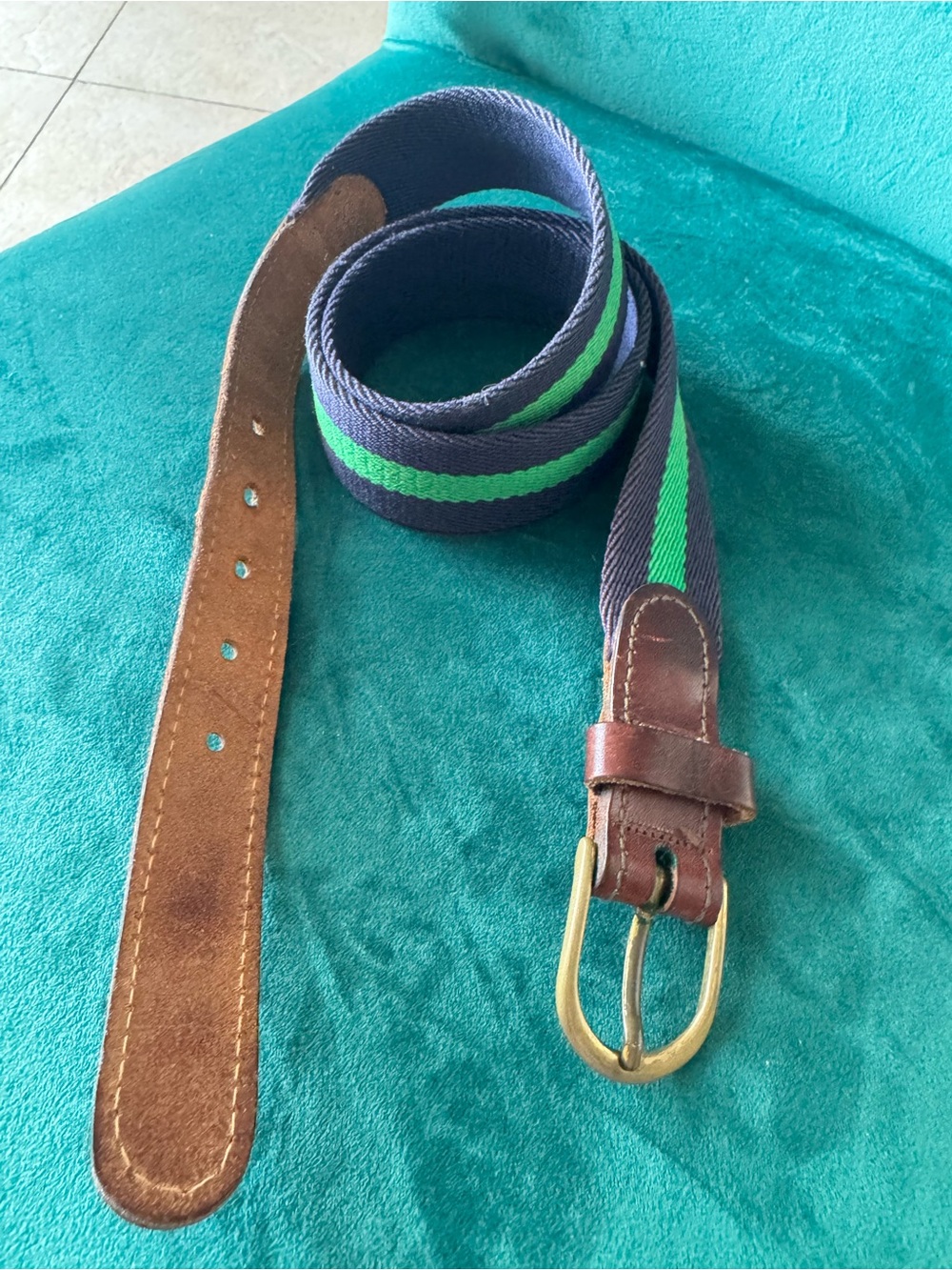 Navy Blue & Green Stripe Webbed Belt Leather Trim Solid Brass Buckle size34
